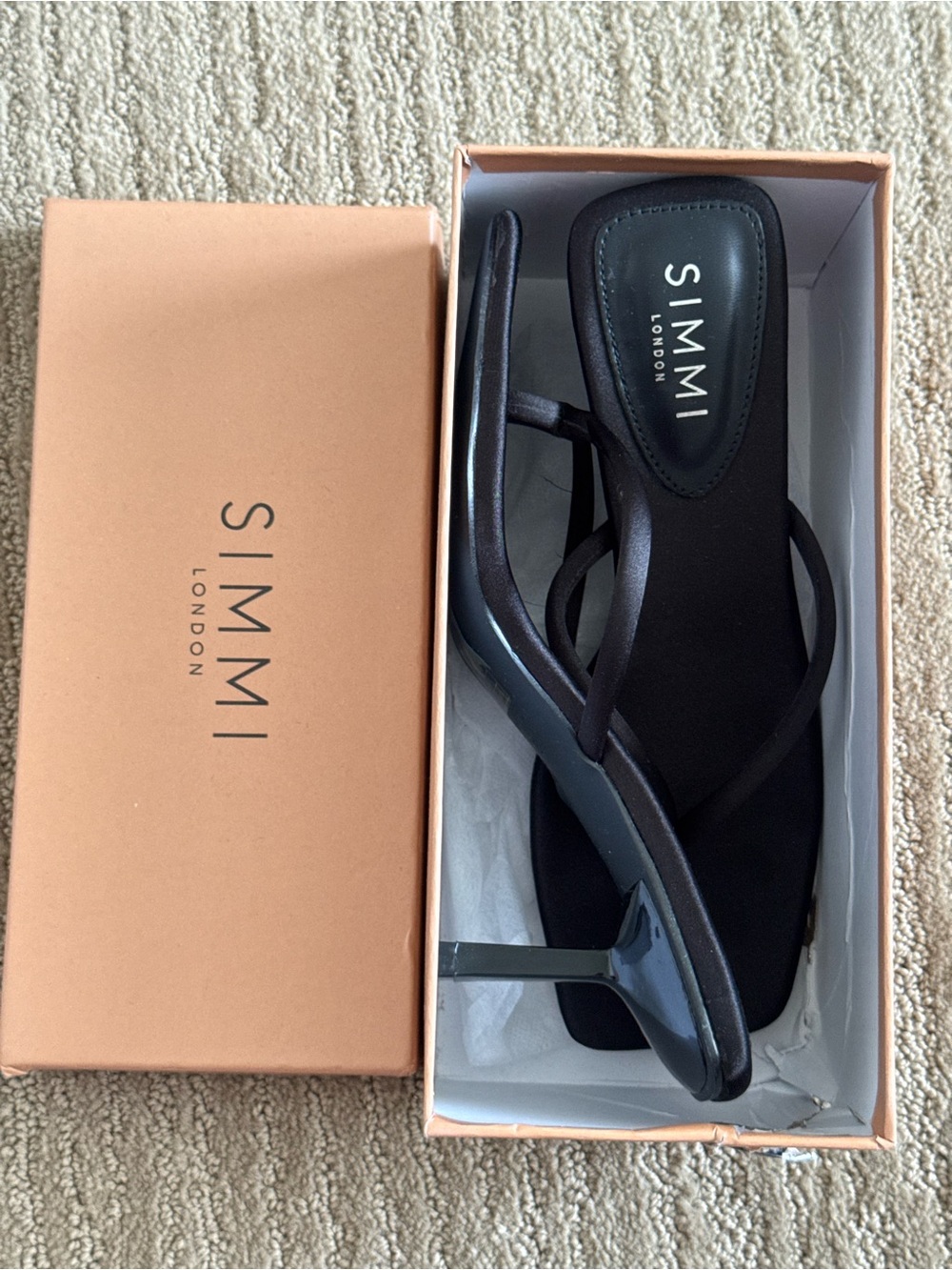 SIMMI London - Black Satin Thong Kitten Heels